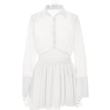 Sexy Women Chiffon Turndown Collar White Ruched Mini Dress Chic Single Breasted Longsleeve Slim Fall Dresses