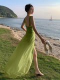 Sling Party Ruffle Holiday Dresses Women Spaghetti Strap Beach Long Dress Summer Slit Vintage Boho Vestido