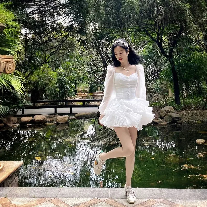 Korean Style Sweet Party Mini Dress Women Green Chiffon France Elegant Dress Female Bubble Sleeve White Casual Fairy Dress