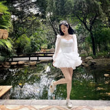 Korean Style Sweet Party Mini Dress Women Green Chiffon France Elegant Dress Female Bubble Sleeve White Casual Fairy Dress