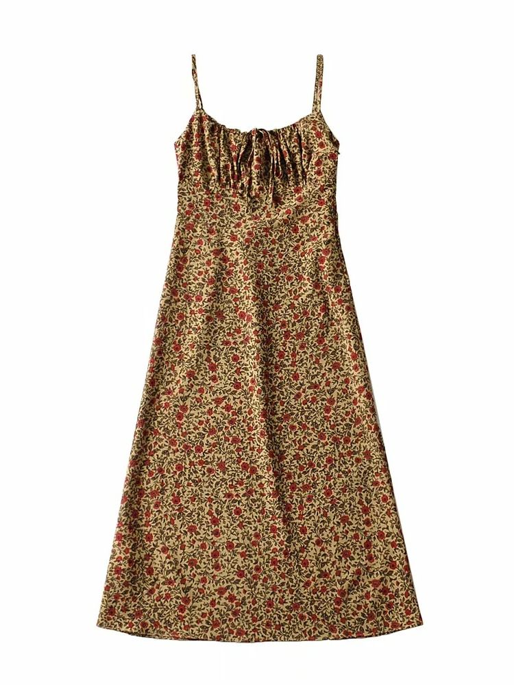 Bohemian Brown Floral Print Backless Sling Dress Summer Holiday Woman Adjust Spaghetti Strap Dresses Beach Holiday