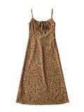 Bohemian Brown Floral Print Backless Sling Dress Summer Holiday Woman Adjust Spaghetti Strap Dresses Beach Holiday