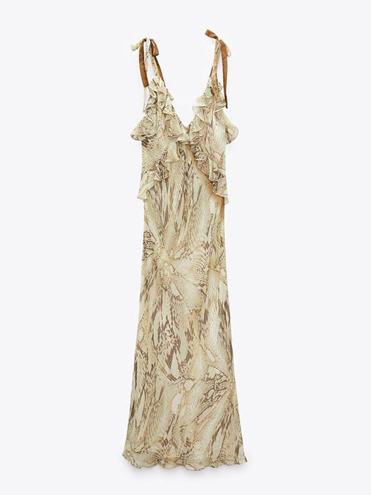 Fashion Printed Suspender Sleeveless Long Women's Dress V-neck  Ruffle Female Dresses Summer Ladies Chic Beach Long Dress