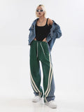 Woloong Women Autumn Winter High Waist Contrast Color Drawstring Tie Up Sweatpants High Street Wide Leg Straight Cylinder Lady Trousers