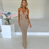 Crochet Halter Sleeveless Backless Solid Hollow Out Bandage Sexy Slim Maxi Prom Dress Winter Festival Party Outfit