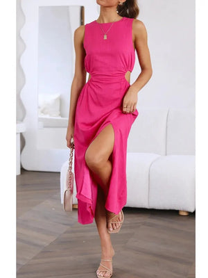 Foridol Side Waist Cut Out Back Zip Women Summer Beach Dress Sleeveless Split Midi Tank Rose Red Female Vestido Robe Casual