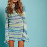 Wave Striped Patchwork Y2K Mini Dresses Backless Long Sleeves Elegant Sundress Fashion Cute Aesthetic 90s Outfits Cuteandpsycho