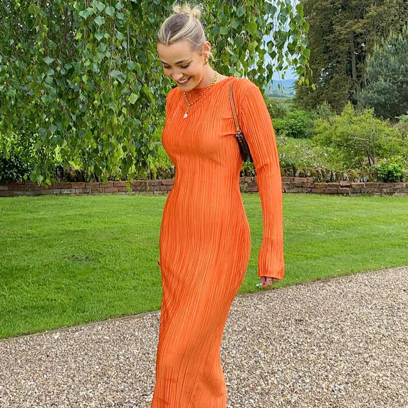 Women Fashion Long Sleeve Streetwear Bodycon Orange Midi Dress  Autumn Clothes Wholesale Items For Business