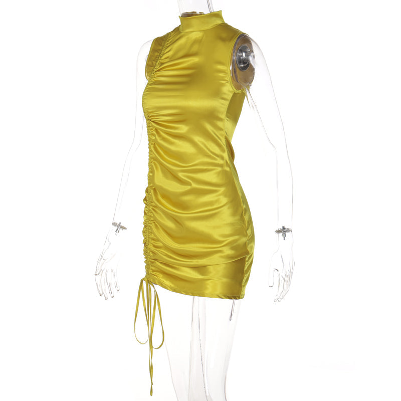 woloong Lace Up Drawstring Ruched Sleeveless Satin Mini Dress Summer Solid Bodycon Sexy Streetwear Party Club Elegant