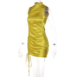 woloong Lace Up Drawstring Ruched Sleeveless Satin Mini Dress Summer Solid Bodycon Sexy Streetwear Party Club Elegant