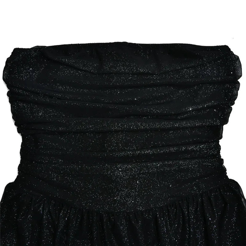 Elegant Strapless Sexy Mini Dress Women Fashion Black Off-shoulder Backless Pleated Sequins Sparkle Club Party Dress