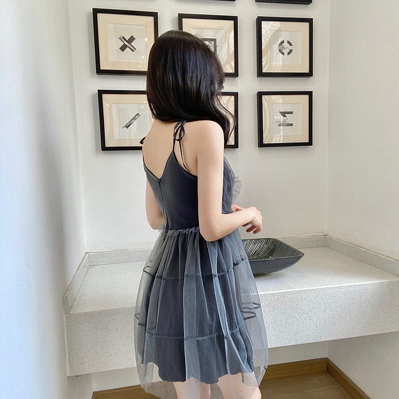 Spaghetti Strap Dress Black Sweet Princess High Waist A-line Sexy Mini Dress Puffy Vintage Mesh Dress Sundress  Women Clothing