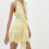 3D Flower Patchwork Mini Dress for Women Halter Tie-up Off Shoulder Backless Ruched Summer Dress Tassel