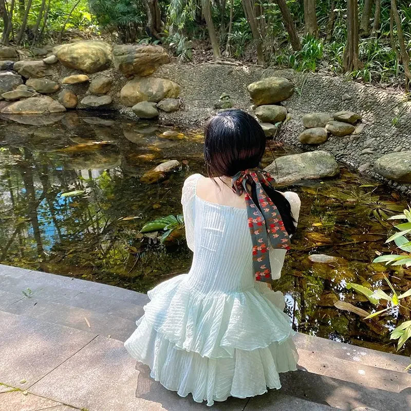 Korean Style Sweet Party Mini Dress Women Green Chiffon France Elegant Dress Female Bubble Sleeve White Casual Fairy Dress
