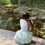 Korean Style Sweet Party Mini Dress Women Green Chiffon France Elegant Dress Female Bubble Sleeve White Casual Fairy Dress