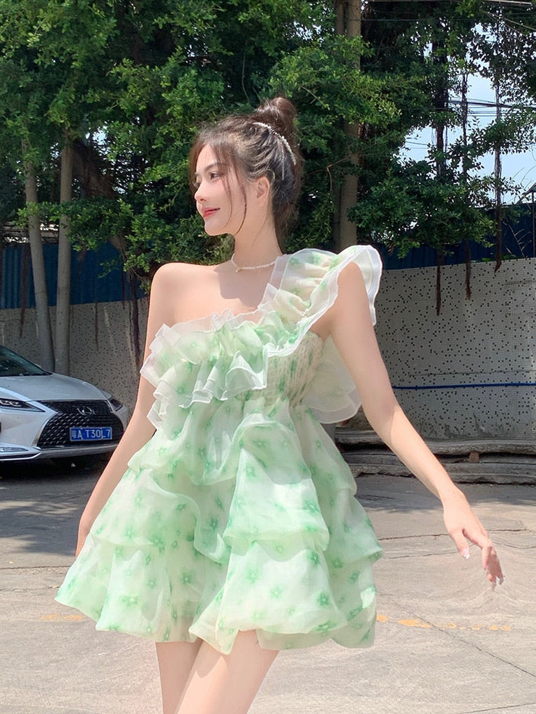 woloong  French Ruffled Dress Sweet Off Shoulder Women's Summer Sleeveless Short Floral Dress Party High Waist A-line Fairy Dress Vestido