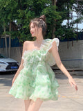 woloong  French Ruffled Dress Sweet Off Shoulder Women's Summer Sleeveless Short Floral Dress Party High Waist A-line Fairy Dress Vestido