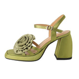 woloong Woman Shoes New Summer Fashion Chunky High Heels Platform Black Green Sweet Flower Dress Party Female Sandals