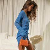 Women Deep V-neck Hollow Out Sexy Knitted Dresses Solid Long Sleeve Drawstring Mini dress Fashion Casual Spring Streetwear