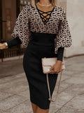 Autumn Winter Ladies Black Print Mid Dress Women Slim Beam Waist Long Sleeve Vestidos Elegant Sexy Hollow Women's Dress