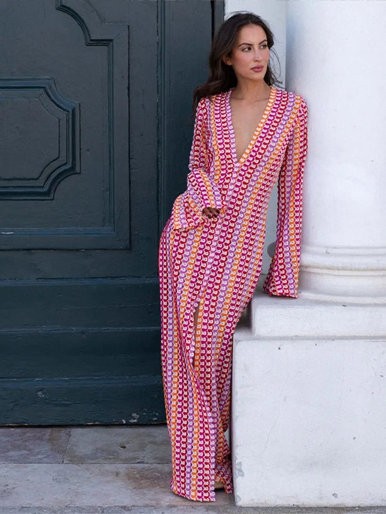 Patchwork Deep V-neck Women's Knit Dress Casual Full Flare Sleeve Crocheted Slit Long Dresses Female Autumn Party Vestidos