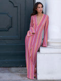 Patchwork Deep V-neck Women's Knit Dress Casual Full Flare Sleeve Crocheted Slit Long Dresses Female Autumn Party Vestidos