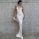 Elegant Fashion Halter Sexy Backless Split Maxi Dress Women Summer Women Party Sling Soild Dresses Clothes