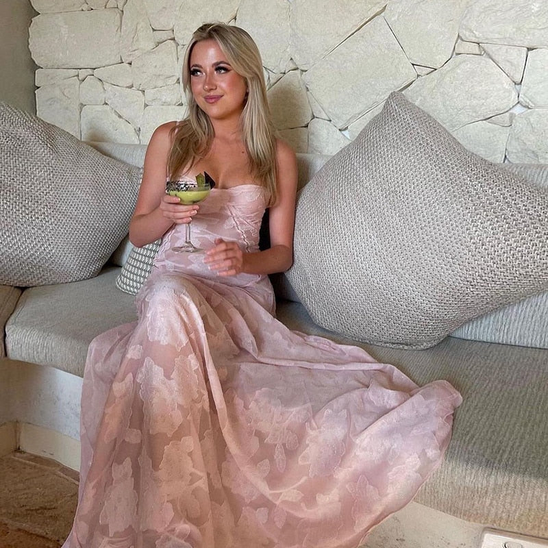Elegant Fairy Fashion See Through Maxi Dress For Women Sexy Backless Straps Gown Club Party Long Dresses Vestidos Clothes Pink