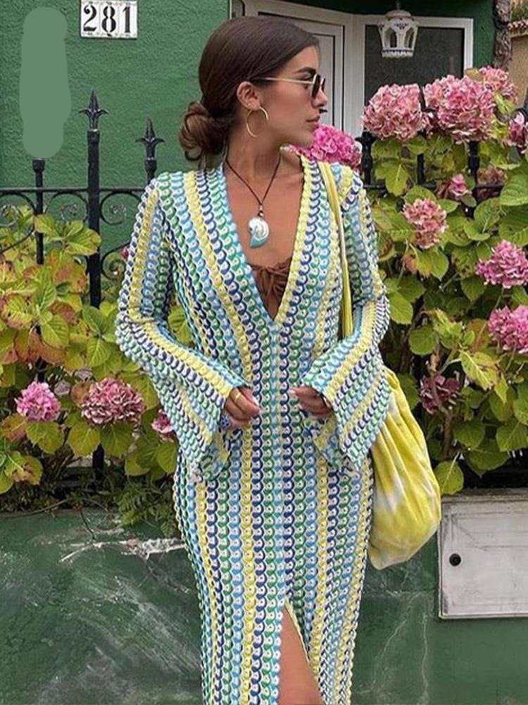 Patchwork Deep V-neck Women's Knit Dress Casual Full Flare Sleeve Crocheted Slit Long Dresses Female Autumn Party Vestidos