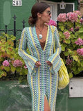 Patchwork Deep V-neck Women's Knit Dress Casual Full Flare Sleeve Crocheted Slit Long Dresses Female Autumn Party Vestidos