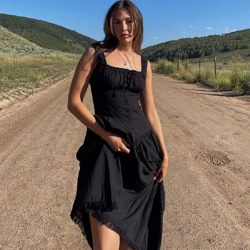 Sexy White Pleated Holiday Dress Woman Lace Up Square Collar Ruffles Female Dresses Elegant Button Sleeveless Beach Vestido