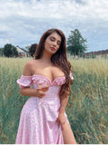 Casual Wear Summer High Quality Sexy Pink Dress Broken Off The Shoulder Backless Printing Dresses Long Skirt Women'S Clothing
