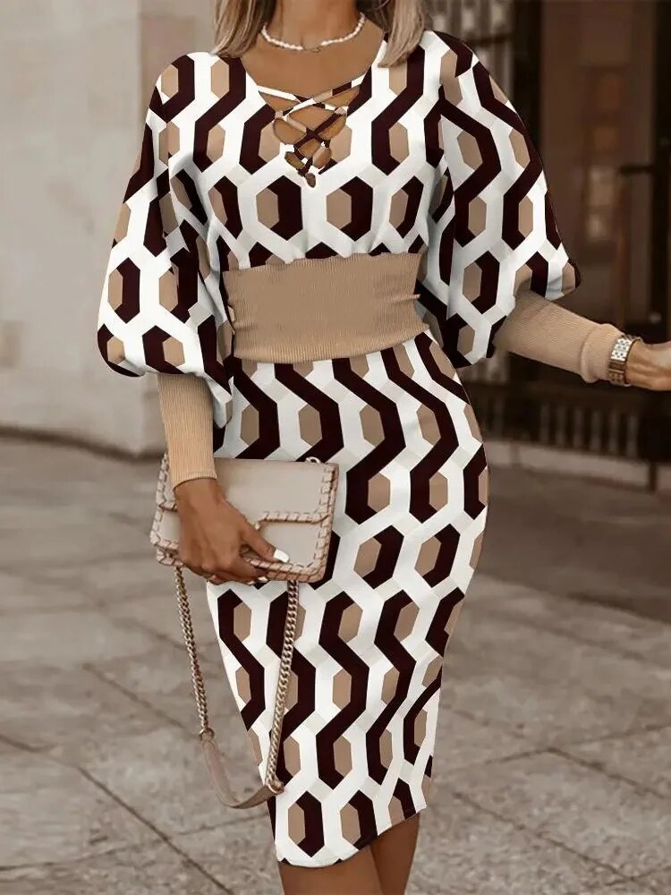 Autumn Winter Ladies Black Print Mid Dress Women Slim Beam Waist Long Sleeve Vestidos Elegant Sexy Hollow Women's Dress