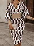 Autumn Winter Ladies Black Print Mid Dress Women Slim Beam Waist Long Sleeve Vestidos Elegant Sexy Hollow Women's Dress