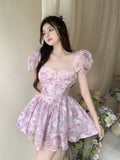 woloong Retro Chic Floral Dress Women's Summer Square Collar Dresses High Waist Short Sleeved A-line Party Slim Mini Dress Vestidos