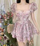 woloong Retro Chic Floral Dress Women's Summer Square Collar Dresses High Waist Short Sleeved A-line Party Slim Mini Dress Vestidos