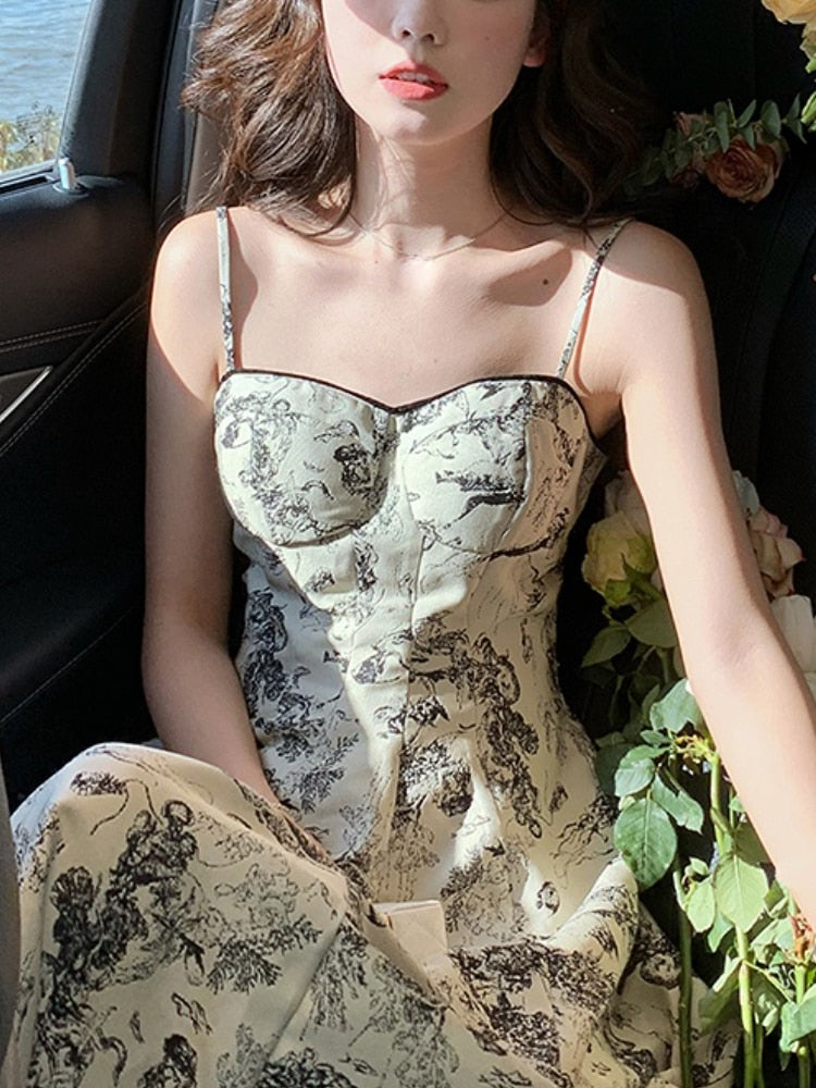 French Vintage Midi Dress Women Casual Elegant Floral Strap Dress Party Even Office Lady Slim One Piece Dress Korean Summer
