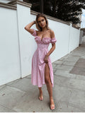 Casual Wear Summer High Quality Sexy Pink Dress Broken Off The Shoulder Backless Printing Dresses Long Skirt Women'S Clothing