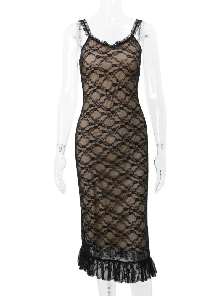 Lace Patchwork Mesh Spaghetti Strap Sleeveless Midi Dress Ladies Elegant Party Clubwear Backless Slim Evening Dress