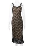 Lace Patchwork Mesh Spaghetti Strap Sleeveless Midi Dress Ladies Elegant Party Clubwear Backless Slim Evening Dress