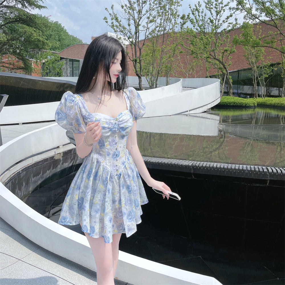 woloong Retro Chic Floral Dress Women's Summer Square Collar Dresses High Waist Short Sleeved A-line Party Slim Mini Dress Vestidos
