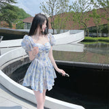 woloong Retro Chic Floral Dress Women's Summer Square Collar Dresses High Waist Short Sleeved A-line Party Slim Mini Dress Vestidos
