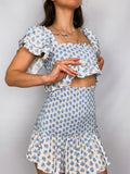 Sexy White Blue Flower Print Flare Sleeve Crop Top Women High Waist Ruffles Mini Skirt Elastic Ruched Corset 2 pieces 1 Set