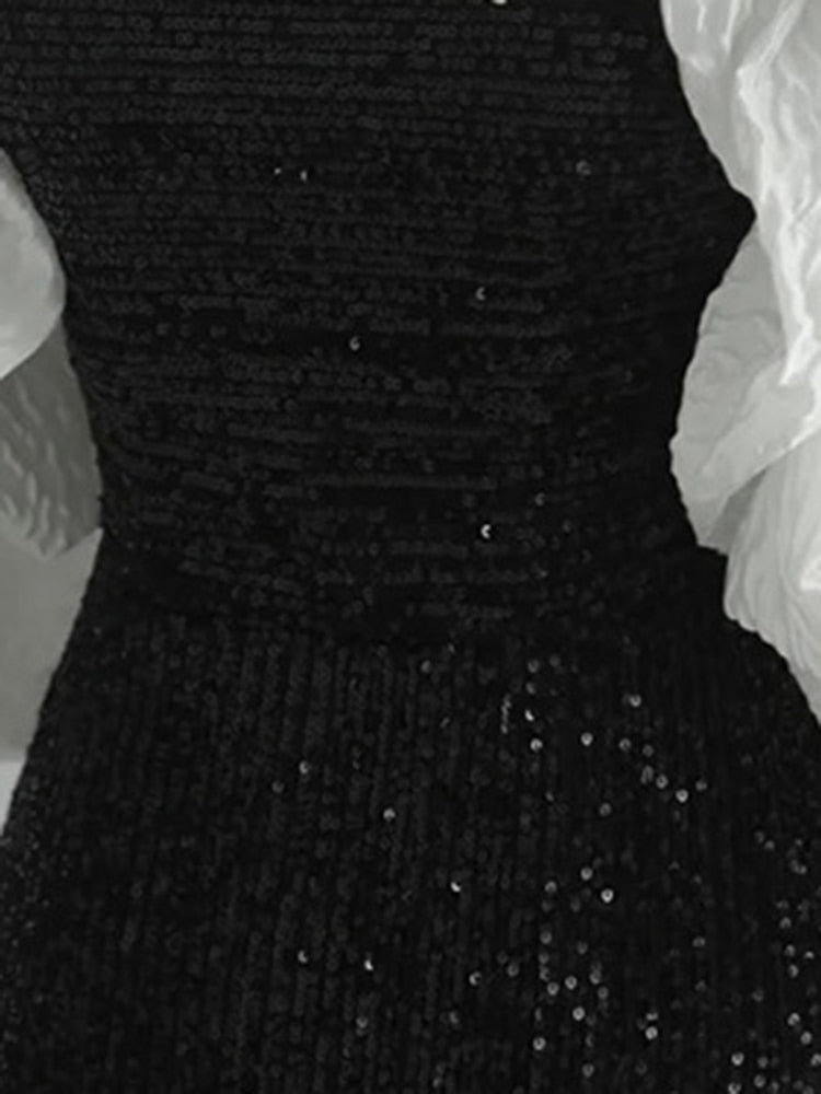Temperament Women Slash Neck Puff Sleeve A-Line Fishtail Mid-calf Dress  Autumn Female Spliced Dinner Clothing