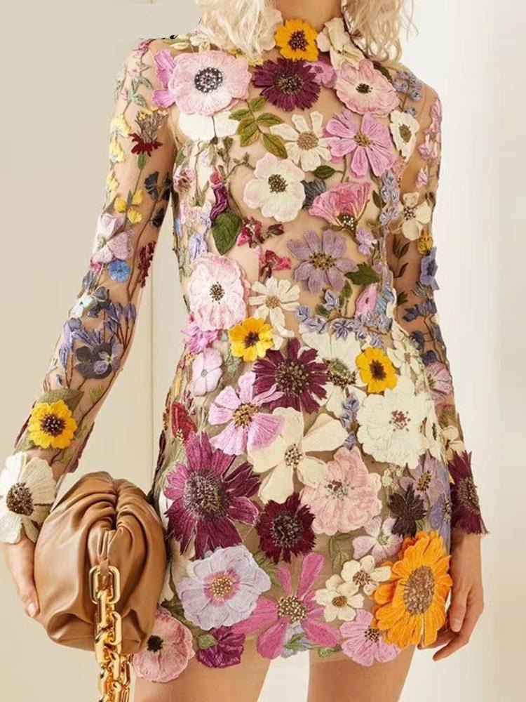 Flower Embroidery Women's Dress Sexy Hip Package Long Sleeve Bodycon Female Dresses  Spring Summer Elegant Mini Vestidos