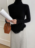 Korean Chic  Autumn Winter Elegant Tassel Spliced Sweater Pullover Women Turtleneck Long Sleeve Black Knitted Jumper