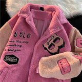 Letter Embroidery Winter Clothes Women Jacket High Street Vintage Sherpa Coat Women Clothing Jackets Loose Jacket Women Tops