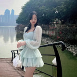 Korean Style Sweet Party Mini Dress Women Green Chiffon France Elegant Dress Female Bubble Sleeve White Casual Fairy Dress