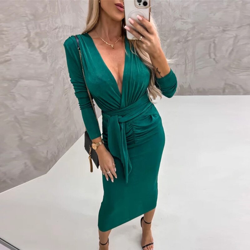 Sexy Deep V Strap Bandage Slim Long Dress Autumn Elegant Temperament Evening Party Dresses Velvet Drape Solid Sheath Women Dress
