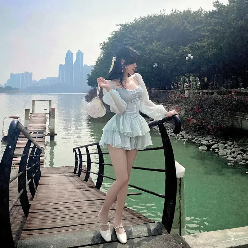 Korean Style Sweet Party Mini Dress Women Green Chiffon France Elegant Dress Female Bubble Sleeve White Casual Fairy Dress